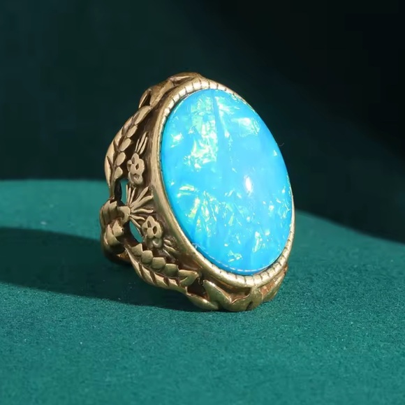 Antique Blue Opal Gemstone Brass Ring Museum-Quality Treasure - Picture 1 of 6